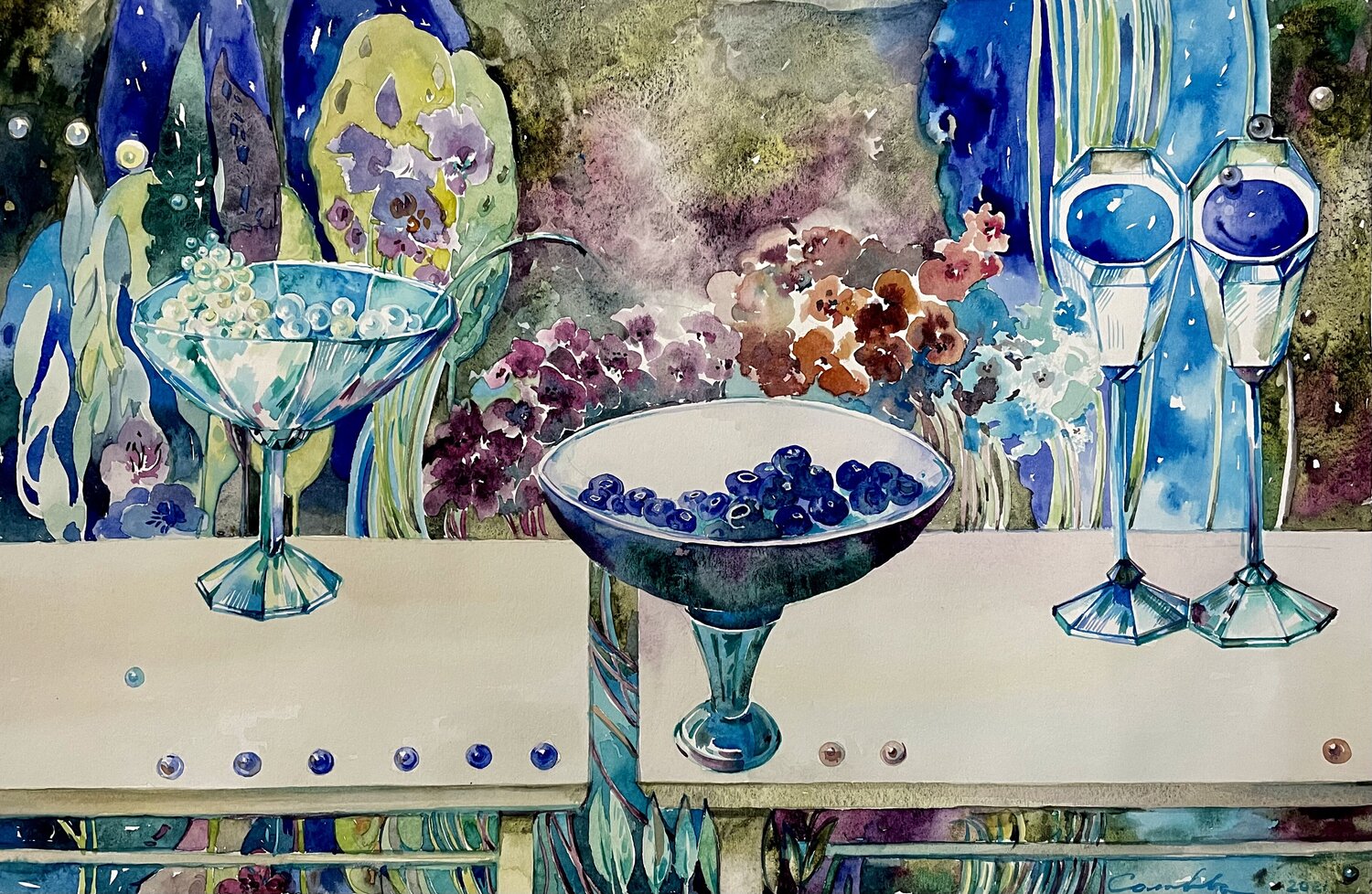''BLUE WINE''-Blue berries and blue wine-Pearls of life-On a white tablecloth-Still life with blue wine-White&Blue Olga Soloviova Original painting for sale