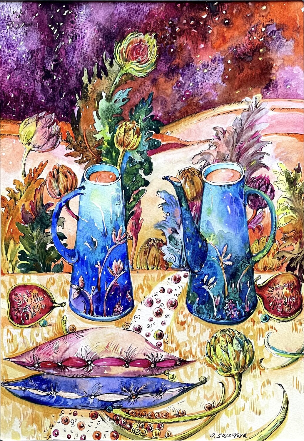 "STILL LIFE WITH BLUE TEAPOTS"  EVENING DREAMS  Evening with artichokes   Figs and artichokes  Blue teapots  Still life with pillows Olga Soloviova Original painting for sale
