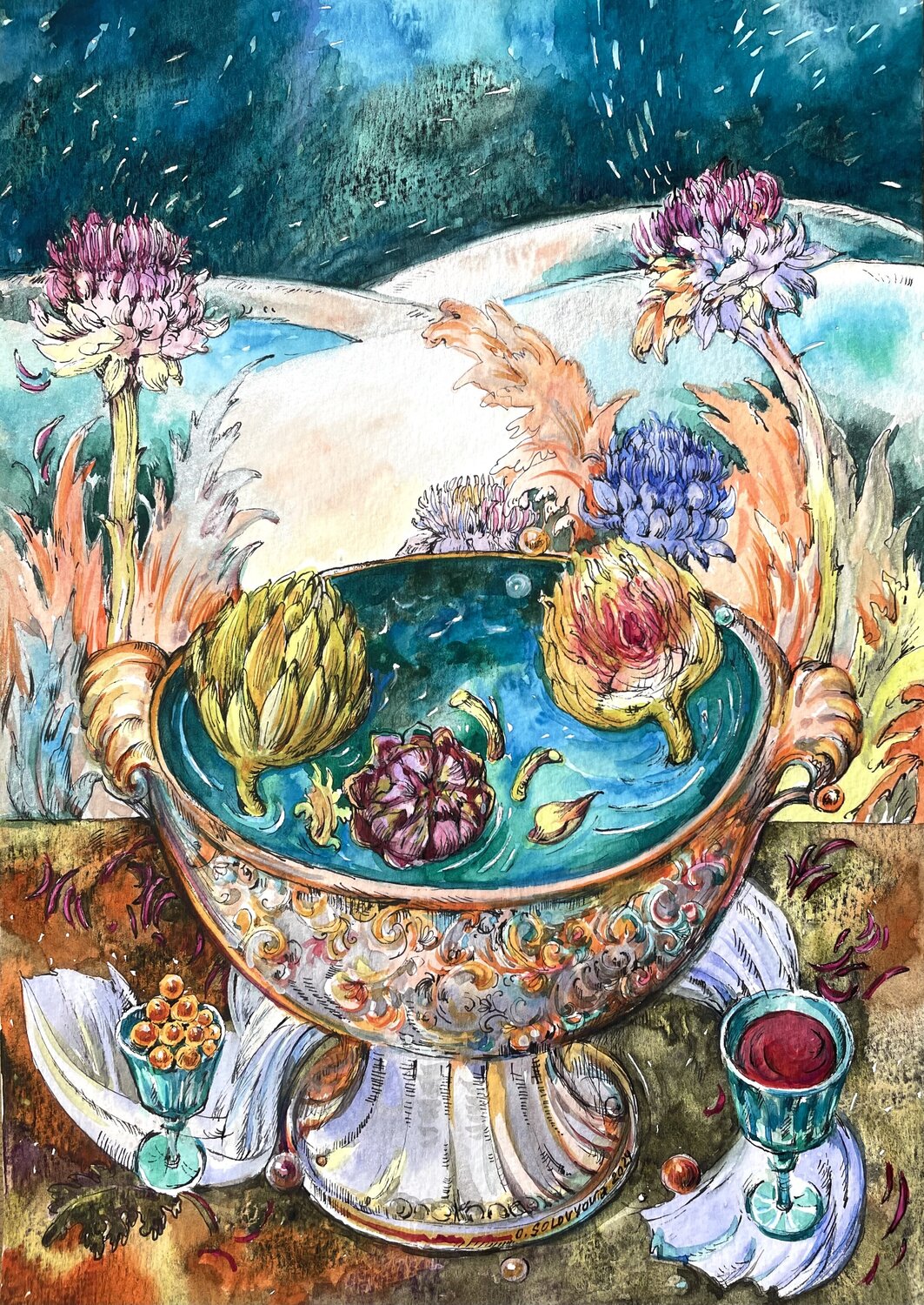 EVENING DREAMS  STILL LIFE WITH A BOWL  Green sky   The bowl of artichokes  Colourful artichokes  and Green sky Olga Soloviova Original painting for sale
