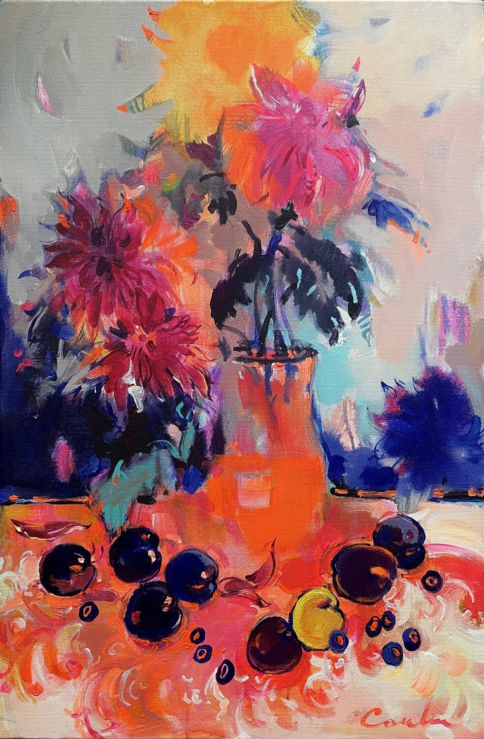 BRIGHT DAHLIAS -ORANG LIGHT- AUTUMN STILL LIFE -still life with yellow palm -BRIGHT MOOD-red-orange  flowers Olga Soloviova Original painting for sale