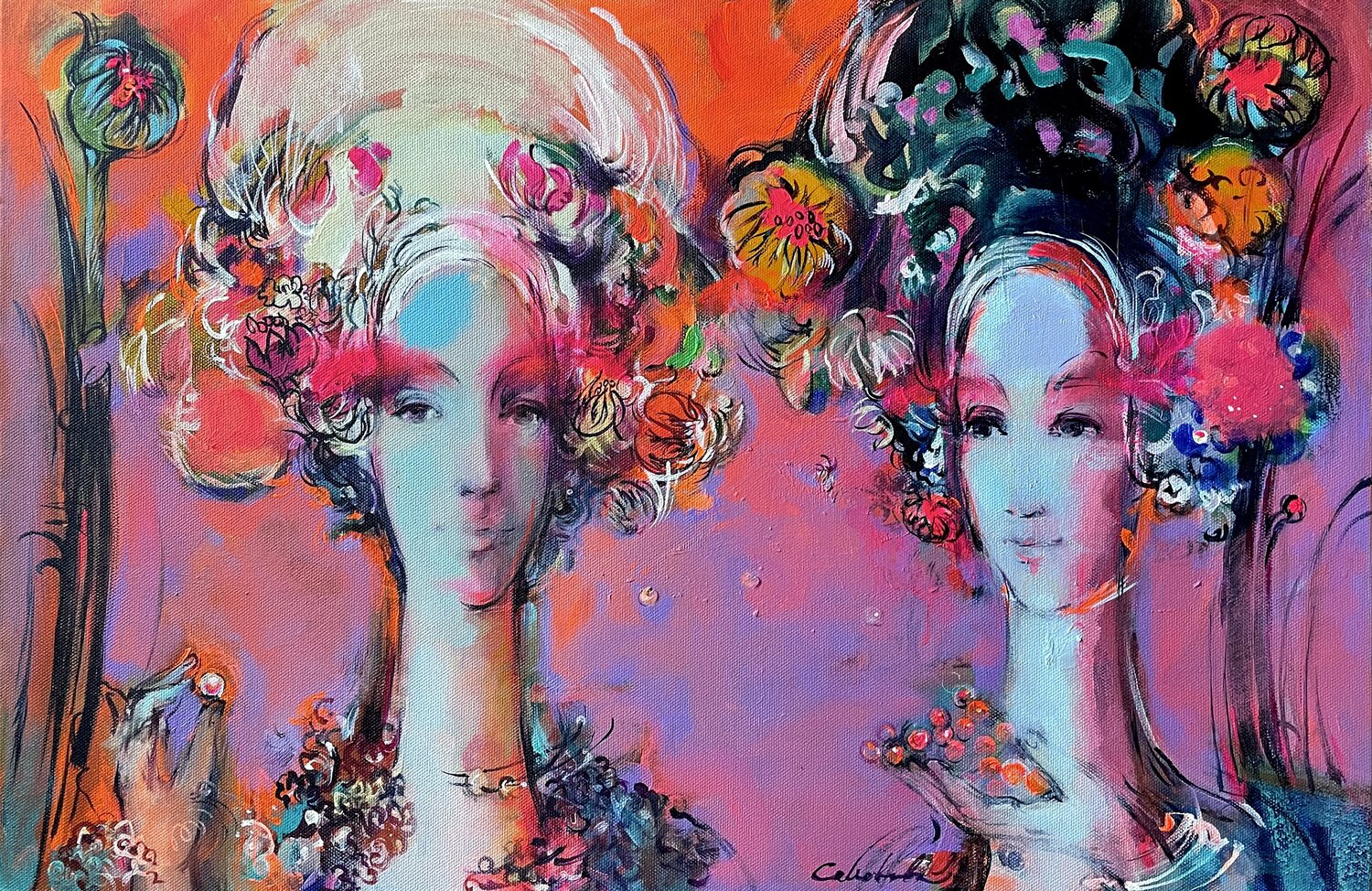 BRIGHT DAHLIAS  -TWO GIRLS -PINK LOVE -girls in bright scarves -LIGHT IN THE PALMS -Series DAHLIAS -PEARL DAY Olga Soloviova Original painting for sale