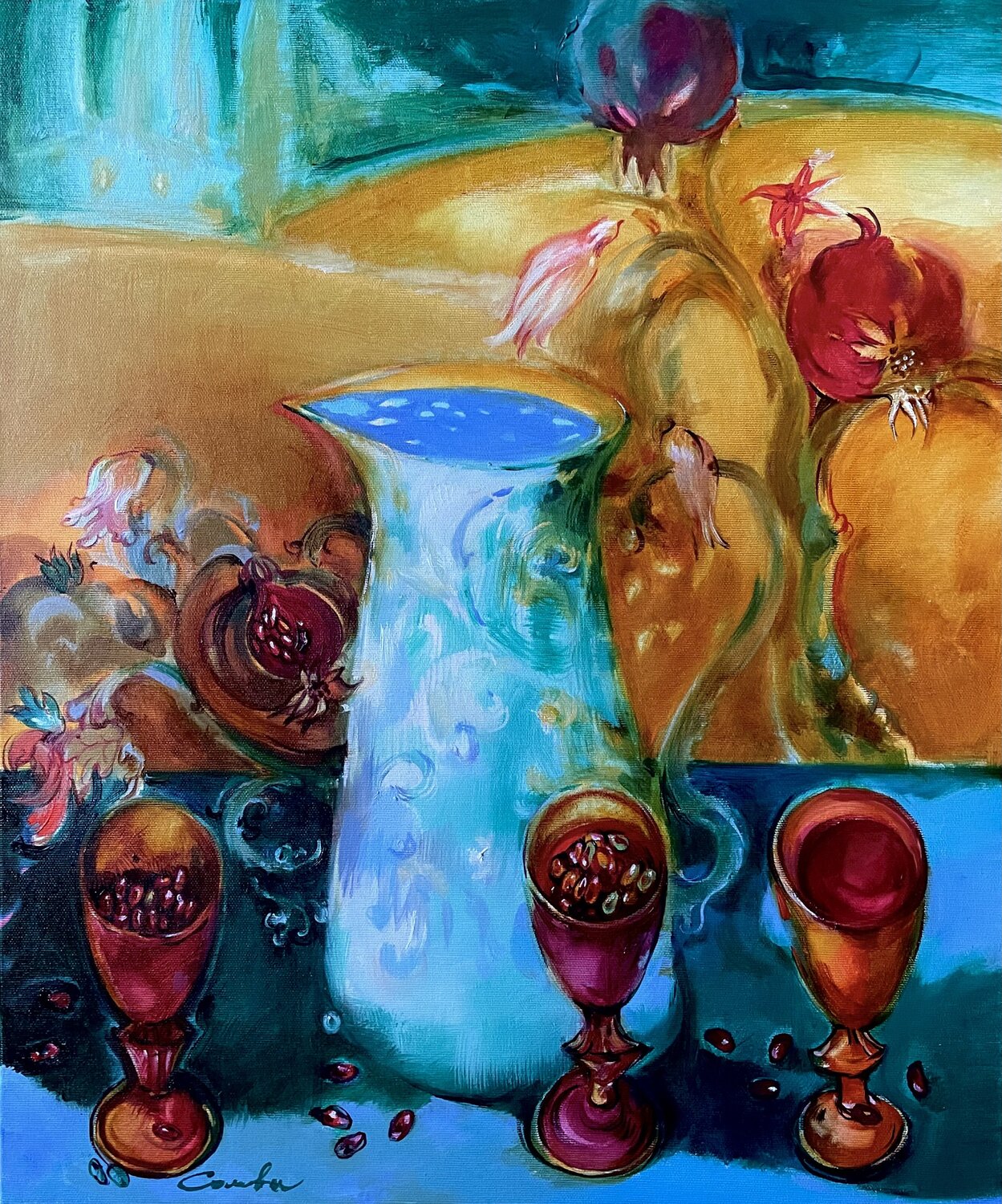 HOUSE NEAR THE POMEGRANATE TREE -  POMEGRANATE TREE - THREE BOWLS  -Still life a white jug and a pomegranate branch - Blue jag -The red pomegranate seeds Olga Soloviova Original painting for sale