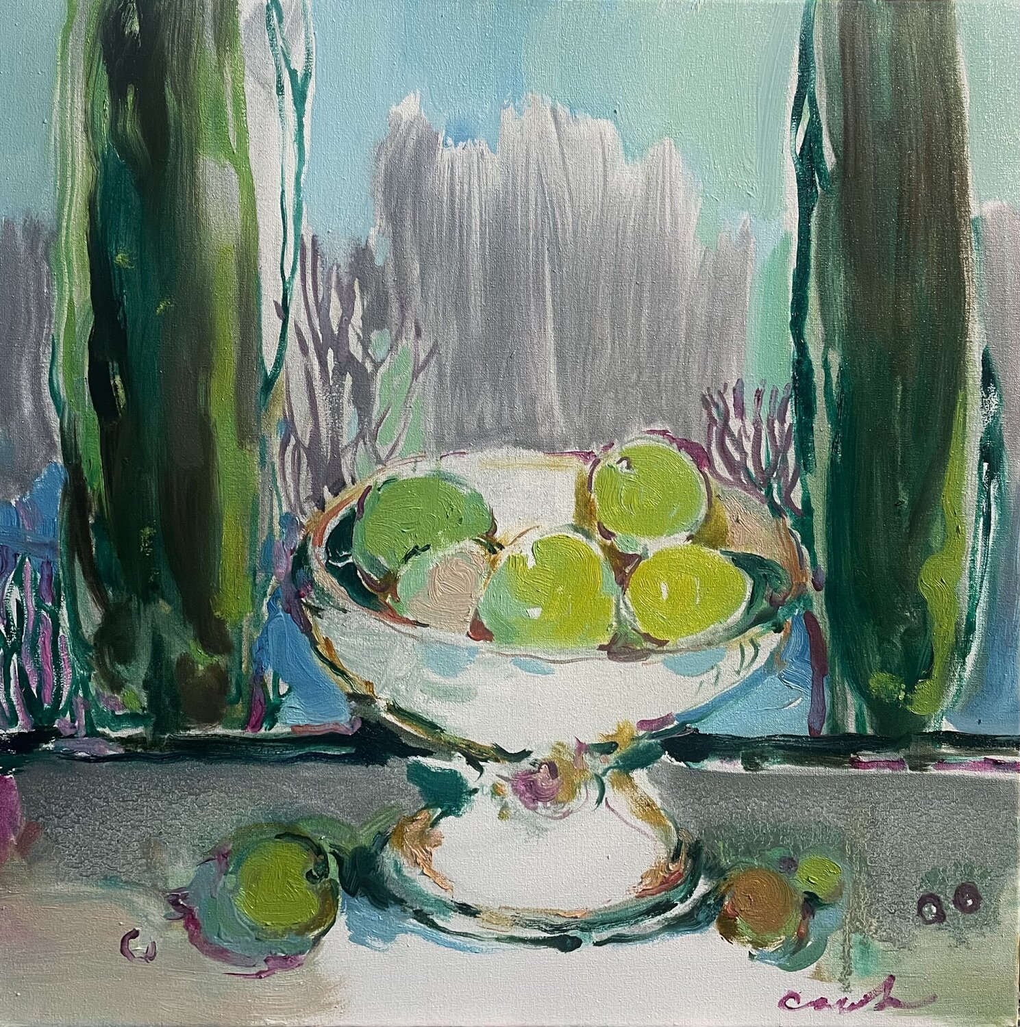 HUNDRED SHADES OF GREEN - GREEN SHADES -GREEN FRUITS -The poplars and limes -Green fruits in a white vase  -Still life in grey green colours - Spring Olga Soloviova Original painting for sale