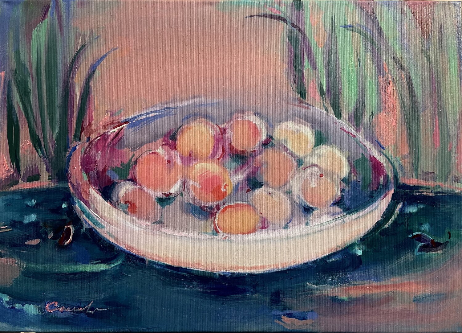 SAMMER WIND-PINK PEACHES-Still life with peaches-Pink wind-Pink sunset Olga Soloviova Original painting for sale