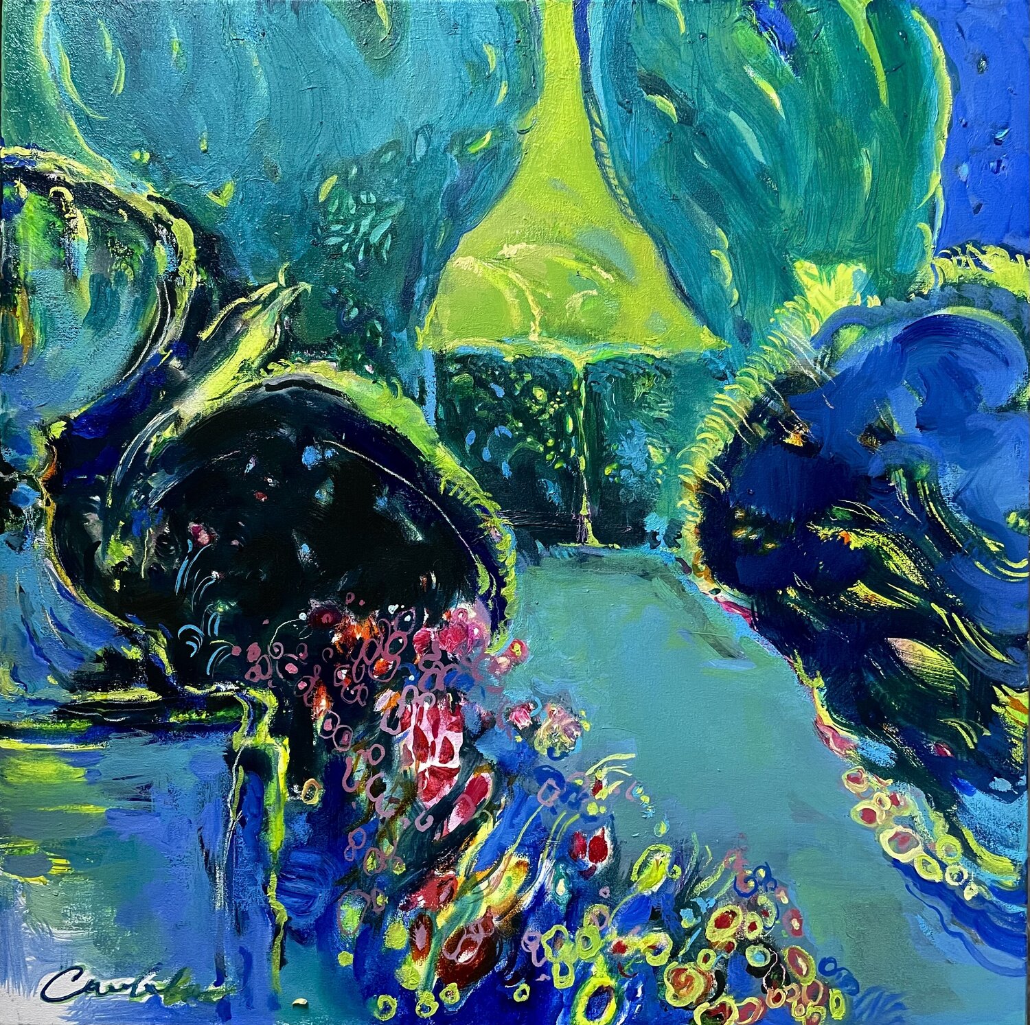 GARDENS OF EDEN-ARLEY GARDEN-COLORS OF SUMMER-Green&Blue Olga Soloviova Original painting for sale