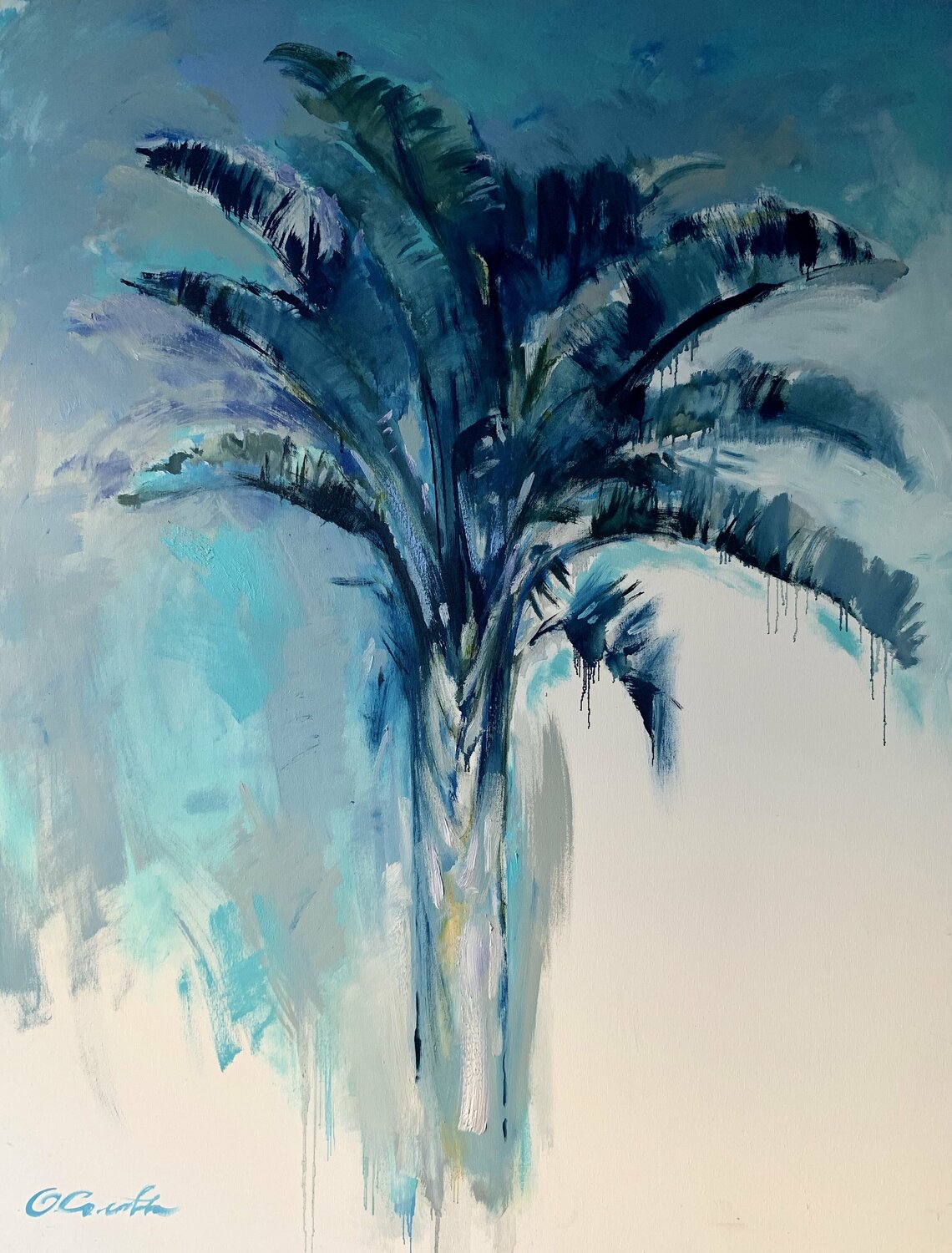 Bright palm tree - "Fifty shades of blue" - Realism - 2018 Olga Soloviova Original painting for sale
