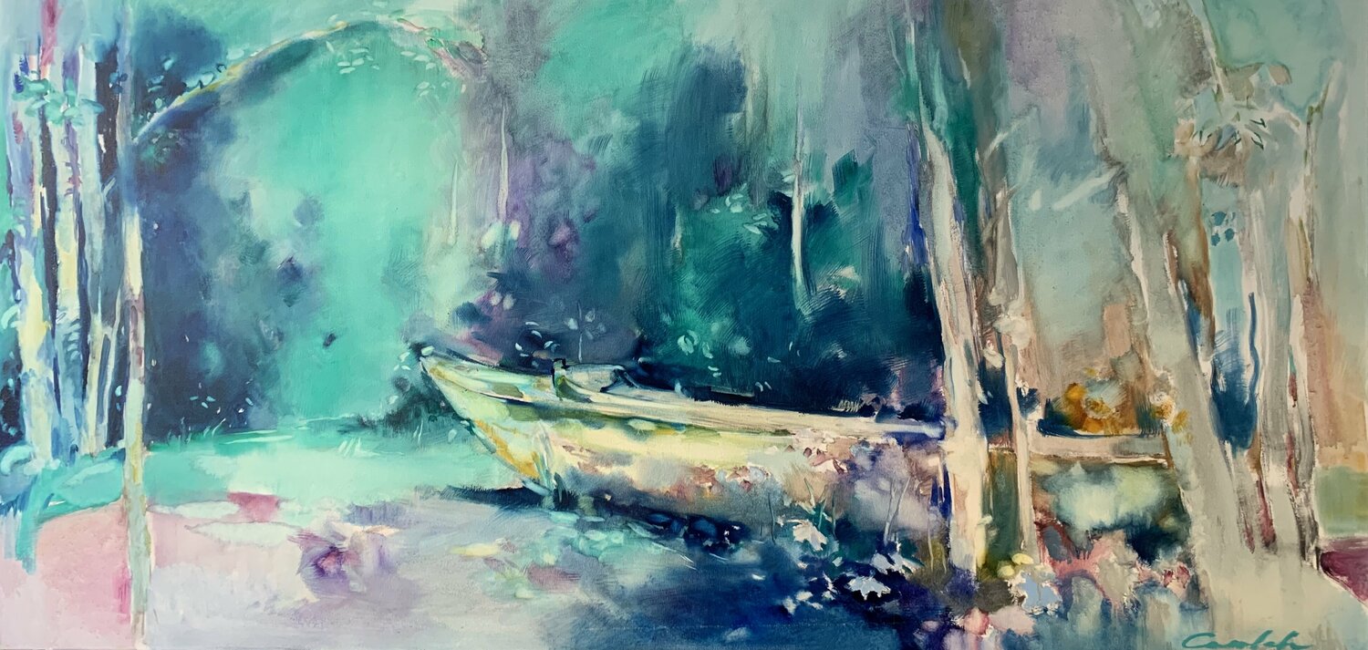Bright landscape - "Forests boat" - Oil painting - 2019 Olga Soloviova Original painting for sale