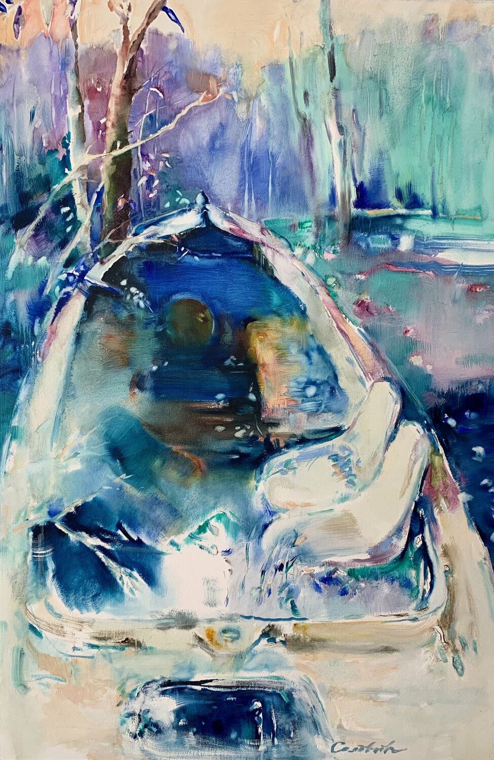 Bright landscape - "The boat" - Boat in the forest-Free places-Magical realism Olga Soloviova Original painting for sale