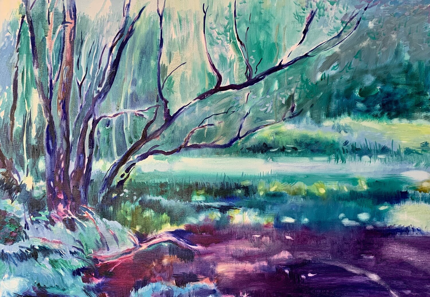 Bright landscape - "Lake in the forest" - Oil painting - Magic lake-Modern landscape -Tree by the lake-Blue&Purple Olga Soloviova Original painting for sale