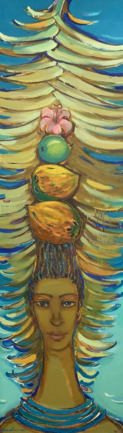 Bright girl portrait - "Fruit pyramid" - Exotic portrait - 2005 Olga Soloviova Original painting for sale