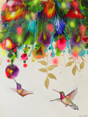 Flowers and Hummingbirds by Irini Karpikioti, Painting for Sale on Select
