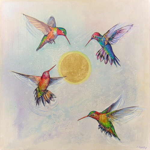 Shining Sun and Hummingbirds by Irini Karpikioti, Painting for Sale on Select