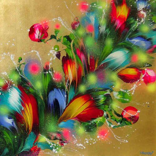 Flower bouquet on golden background by Irini Karpikioti, Painting for Sale on Select