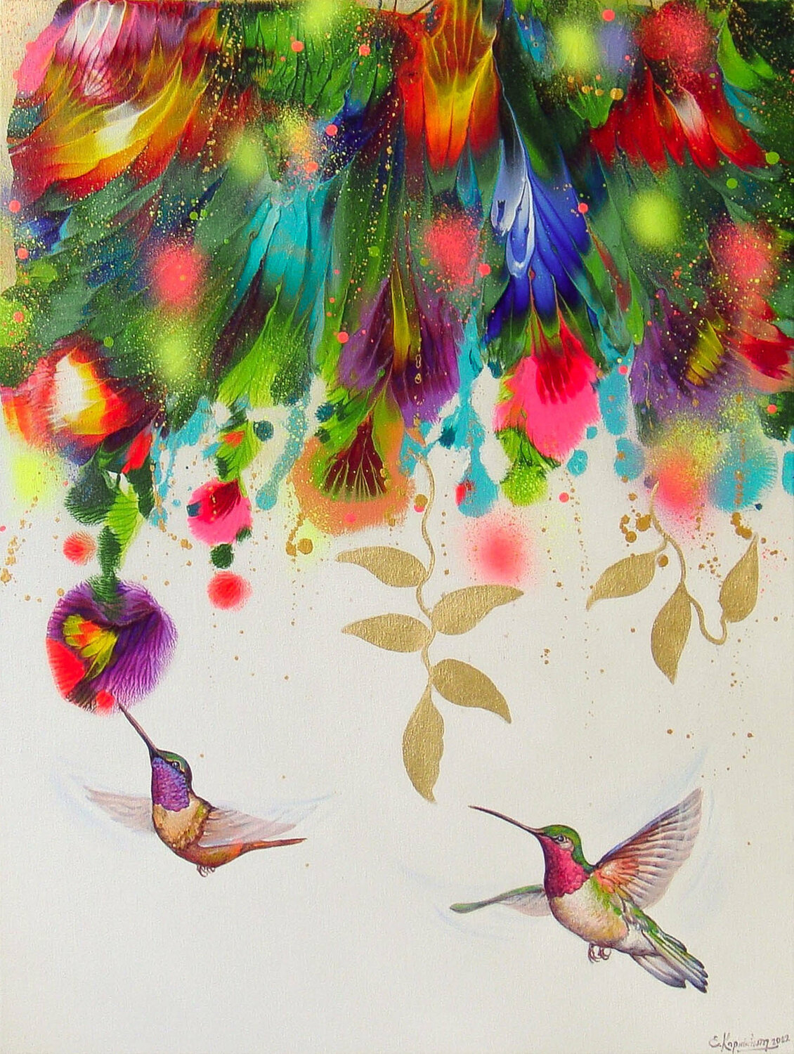 Flowers and Hummingbirds Irini Karpikioti Original painting for sale