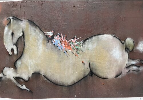 Pedito feliz paseando a las juanitas by Fernando Suárez Escobar, Painting for Sale on Select