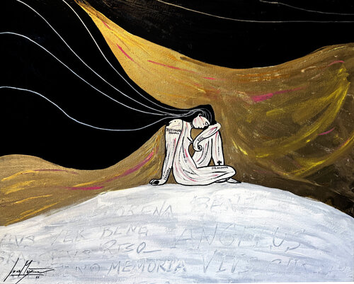 Angelus I — Figurative Gold Painting from Artist’s Italian Residency (Unique Original 1/1) by Juca Maximo, Painting for Sale on Select