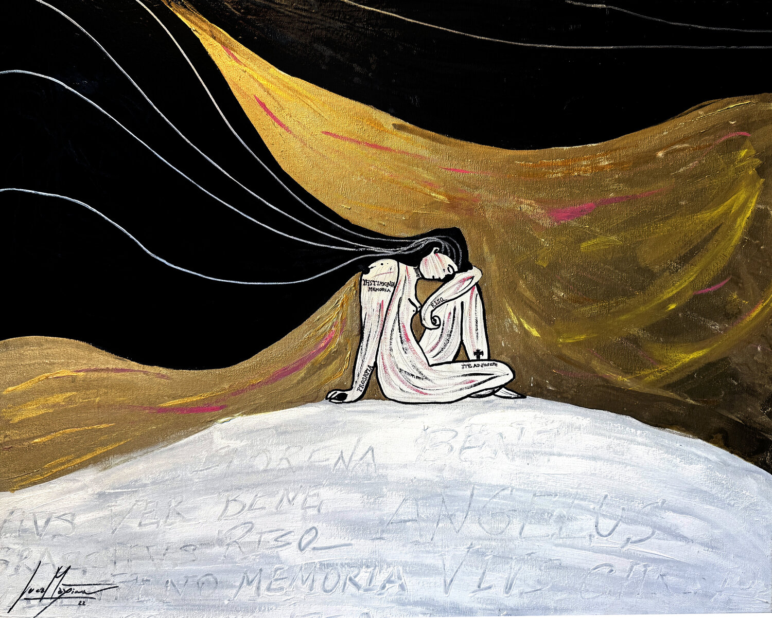 Angelus I — Figurative Gold Painting from Artist’s Italian Residency (Unique Original 1/1) Juca Maximo Original painting for sale