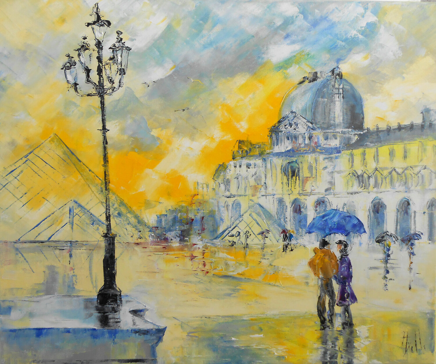 Pluie d'or sur le Louvre - Série "Rêveries parisiennes" Axelle Bosler Original painting for sale