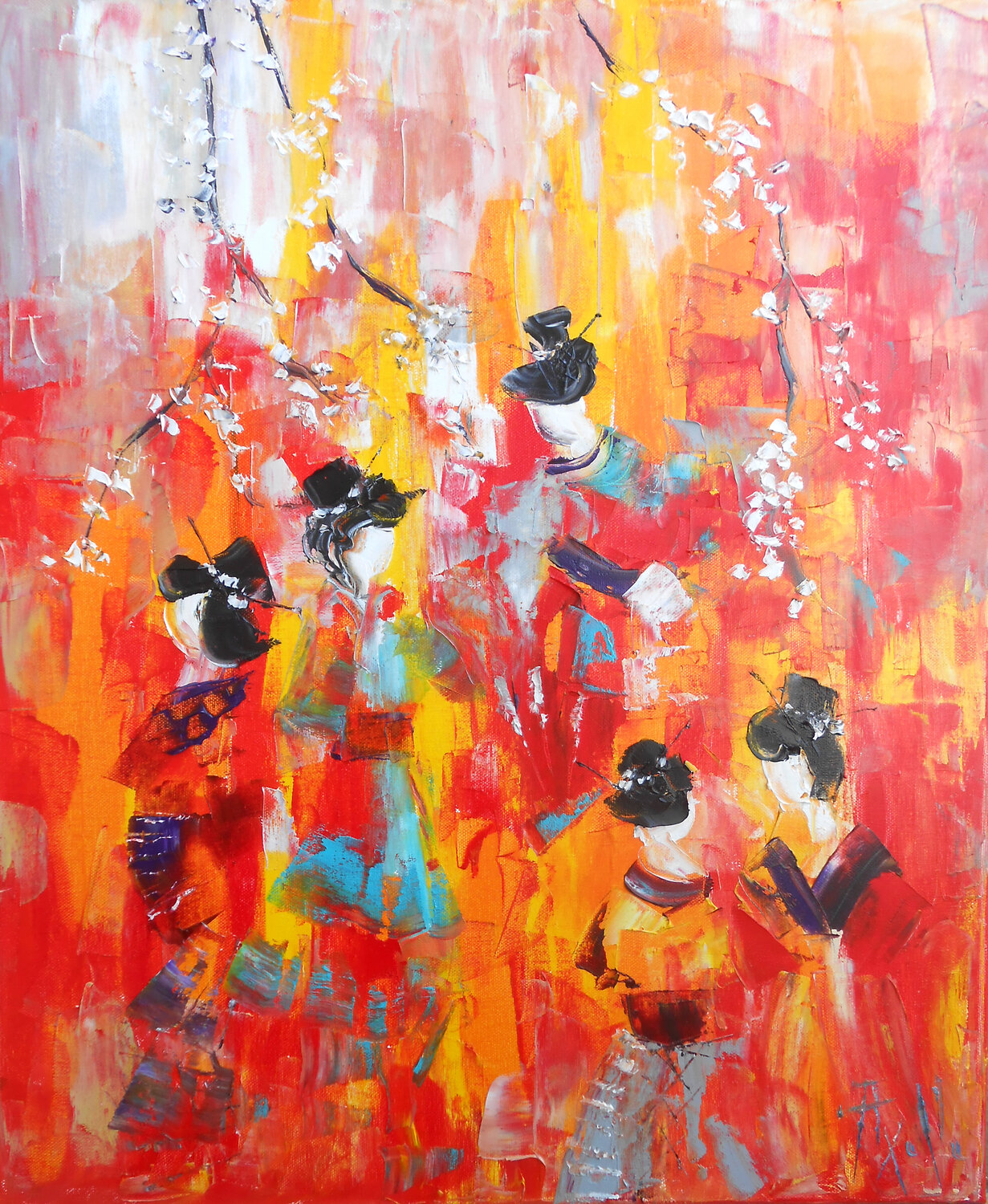 Sous les Cerisiers de Feu - Série Geishas Axelle Bosler Original painting for sale