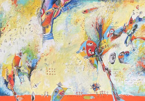 This vibrant artwork bursts with surreal energy, melding abstract shapes and bold colors. Faces and eyes, interspersed throughout, evoke a sense of whimsical curiosity, as if hidden spirits are watching. Reds, blues, and greens dominate the palette, blend by Gor Avetisyan, Painting for Sale on Select