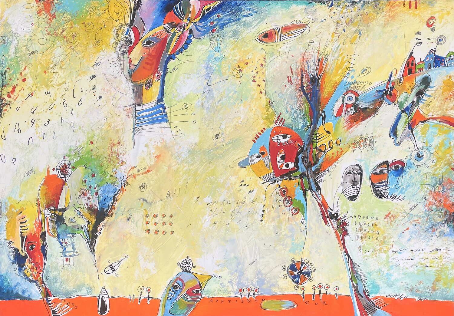 This vibrant artwork bursts with surreal energy, melding abstract shapes and bold colors. Faces and eyes, interspersed throughout, evoke a sense of whimsical curiosity, as if hidden spirits are watching. Reds, blues, and greens dominate the palette, blend Gor Avetisyan Original painting for sale