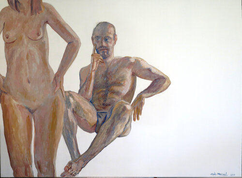 El pintor que mira a la modelo por la espalda by Jesús Manuel Moreno, Painting for Sale on Select