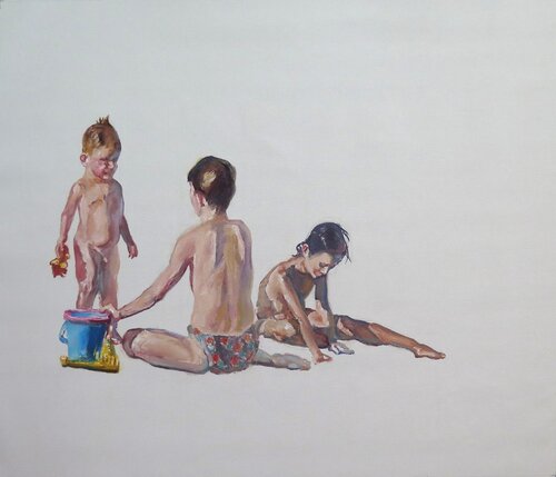 Tres niños en la playa by Jesús Manuel Moreno, Painting for Sale on Select