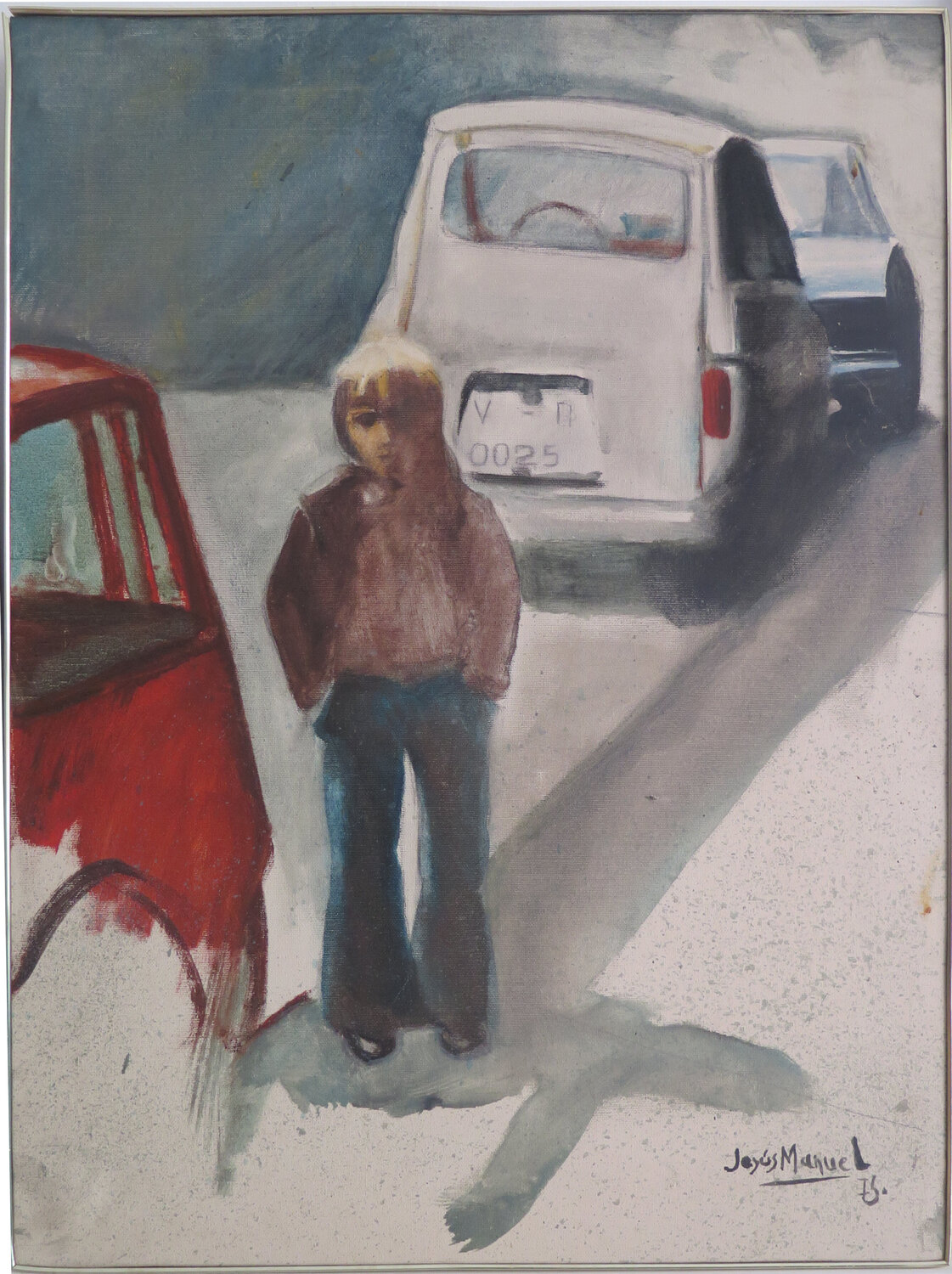 Niño entre coches Jesús Manuel Moreno Original painting for sale