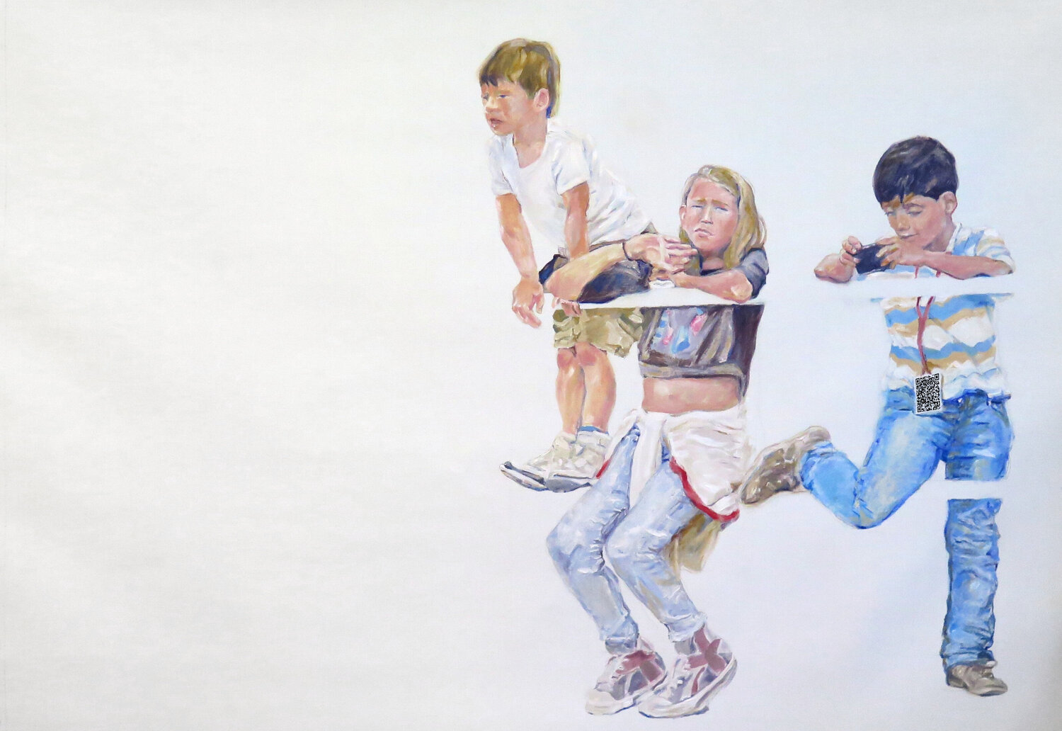 Tres niños en una barandilla Jesús Manuel Moreno Original painting for sale