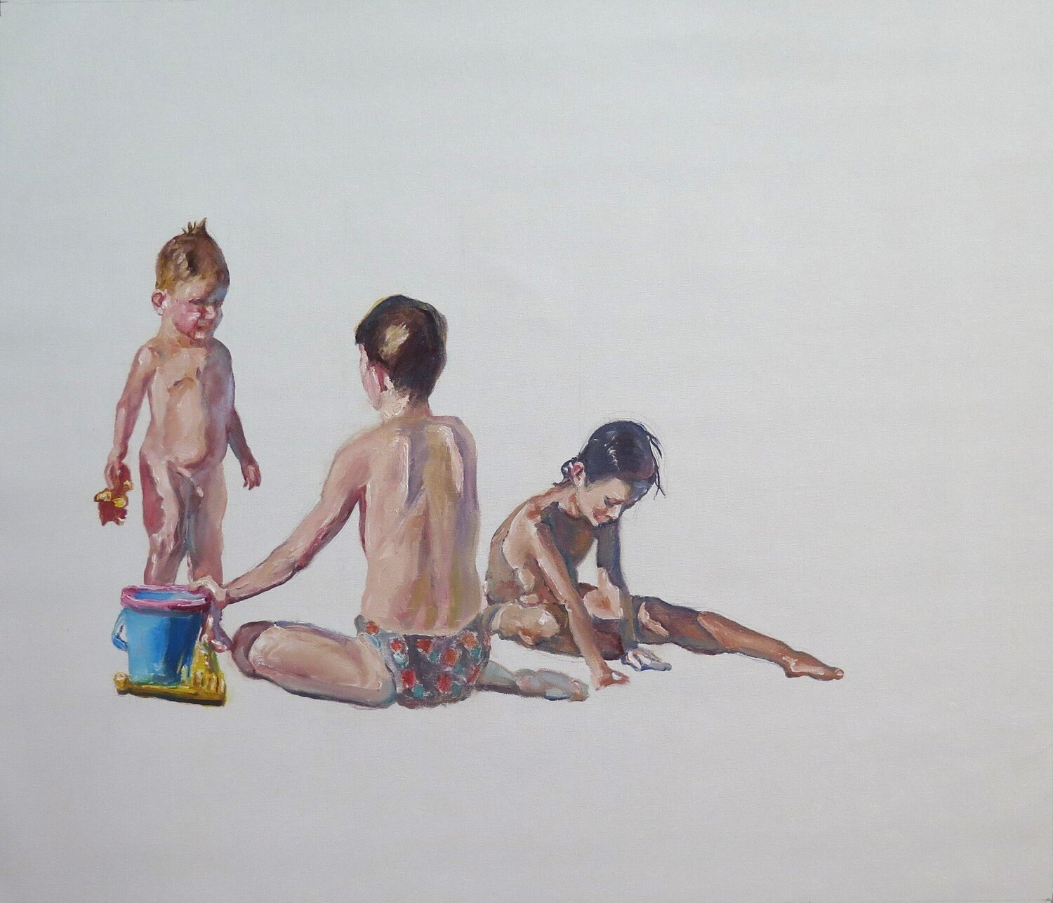 Tres niños en la playa Jesús Manuel Moreno Original painting for sale