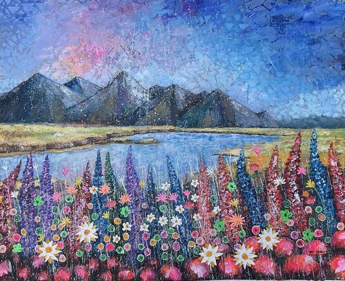 Blossoms beneath the peaks by Jacob Kwesi Bennett, Painting for Sale on Select