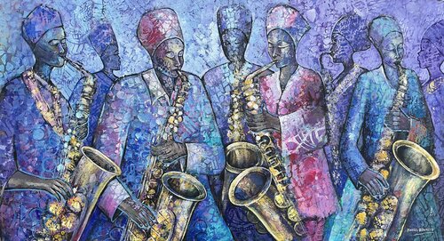Harmony in hue: The jazz ensemble. by Jacob Kwesi Bennett, Painting for Sale on Select