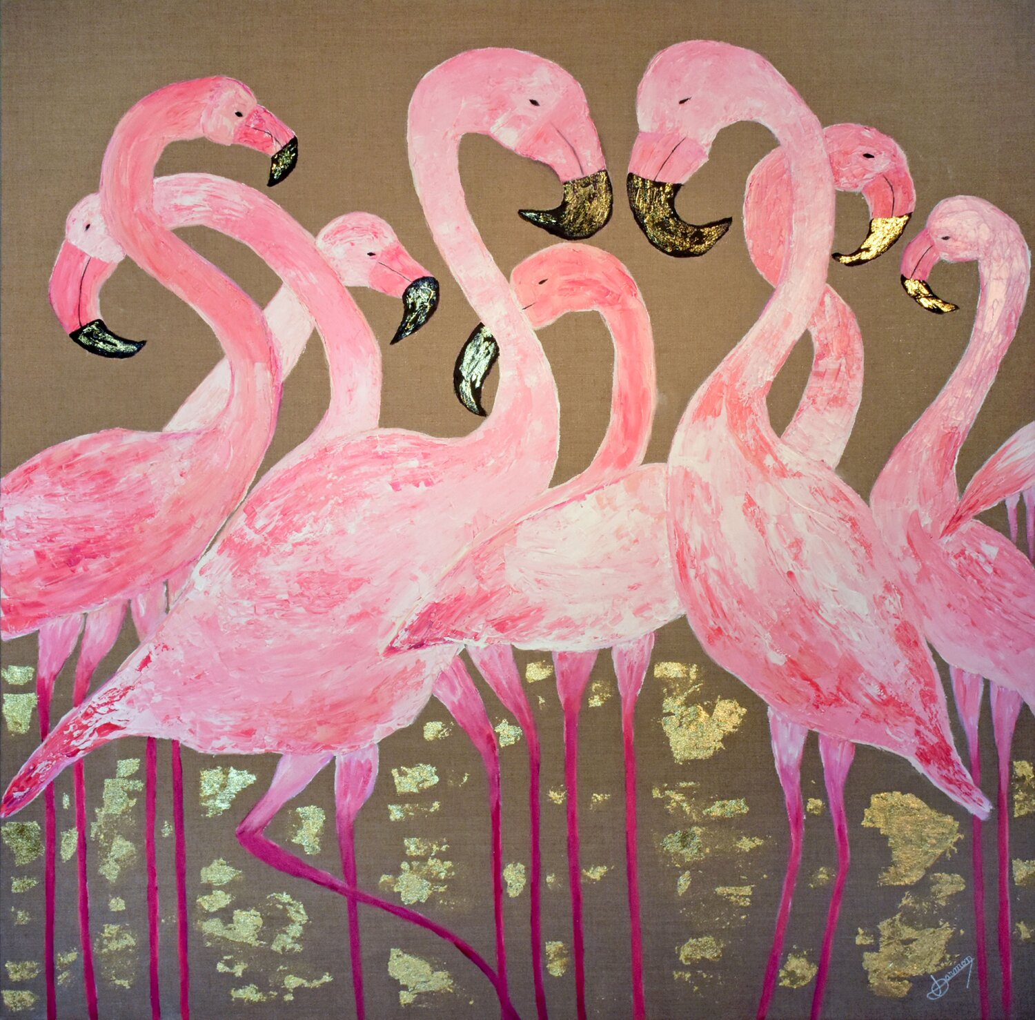 LA DANSE DES FLAMANTS ROSES Joëlle Darmon Original painting for sale