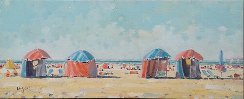 Parasols bleus et rouges à Deauville von Philippe Euger, Malerei kaufen auf Select