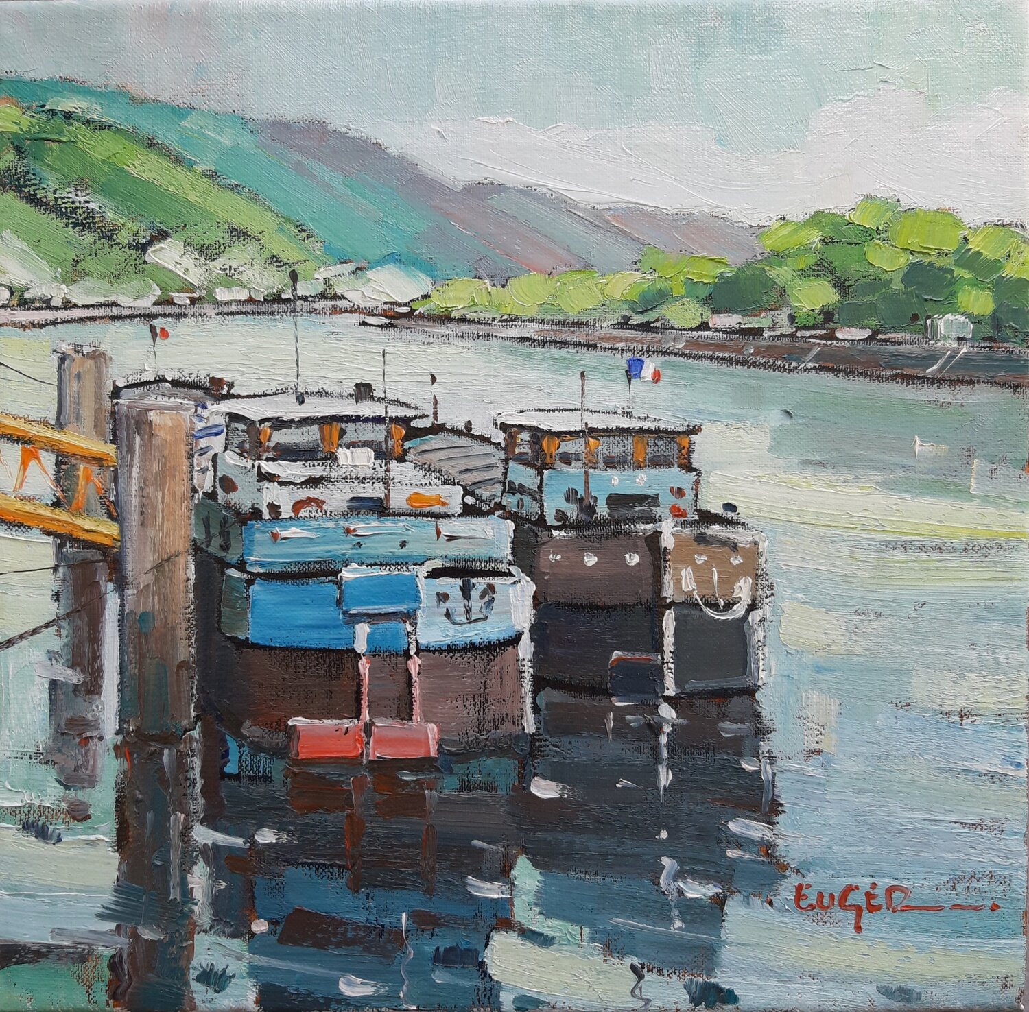 Péniches à quai à Rouen Philippe Euger Originalgemälde zu verkaufen