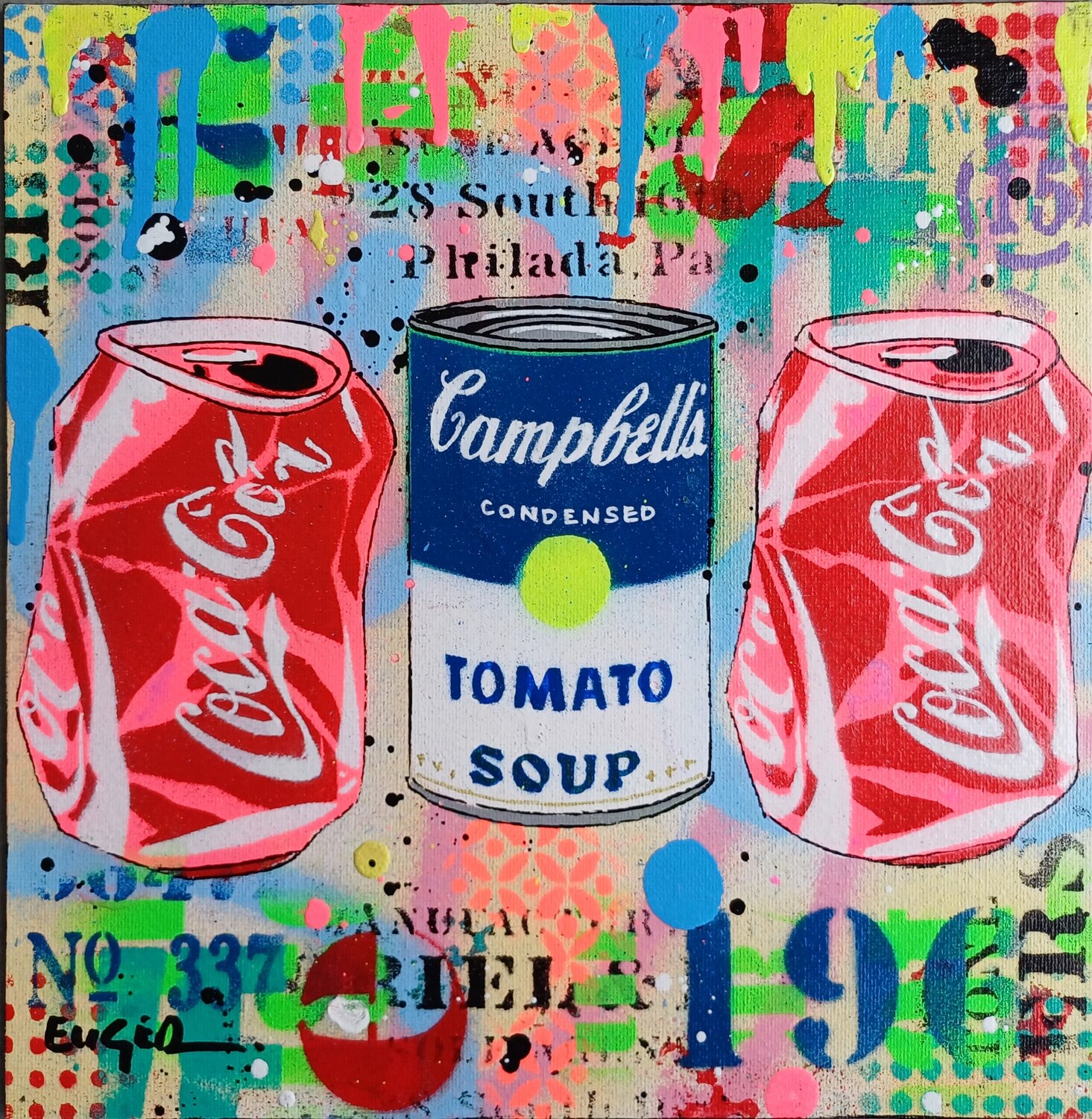 Pop crushed cans and campbell Philippe Euger Originalgemälde zu verkaufen
