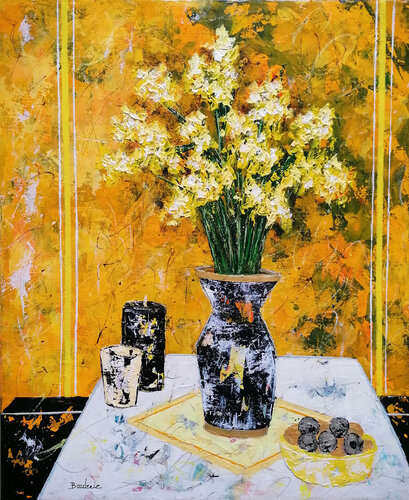 Bouquet de fleurs et les deux bancs. by Jean-Pierre Borderie, Painting for Sale on Select