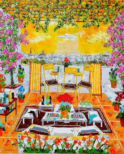 La terrasse sur Paris au ciel jaune by Jean-Pierre Borderie, Painting for Sale on Select