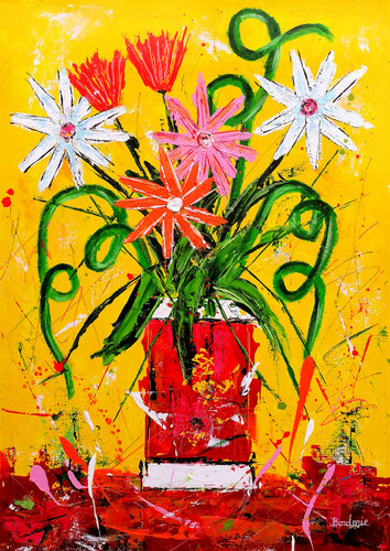 Bouquet au vase rouge fond jaune by Jean-Pierre Borderie, Painting for Sale on Select