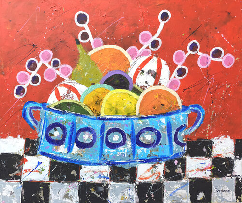 Corbeille de fruits fond rouge by Jean-Pierre Borderie, Painting for Sale on Select