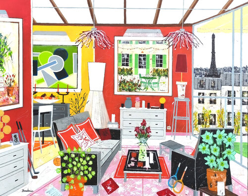 Intérieur Parisien Rouge et Jaune by Jean-Pierre Borderie, Painting for Sale on Select
