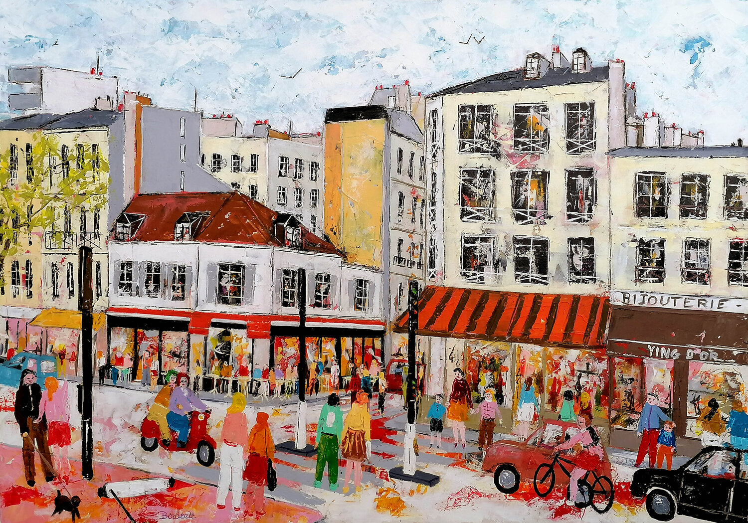 Angle de la rue du commerce et des entrepreneurs un jour de printemps. Jean-Pierre Borderie Original painting for sale