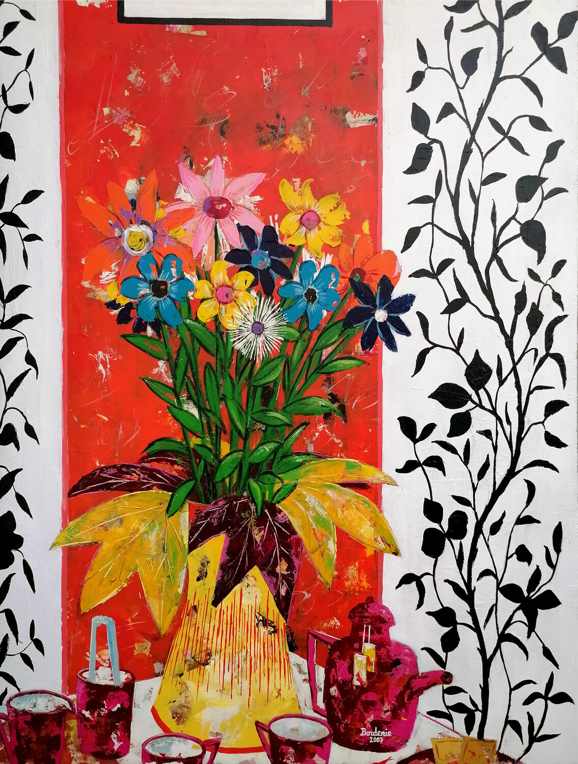 Stickers noir sur fond blanc Jean-Pierre Borderie Original painting for sale