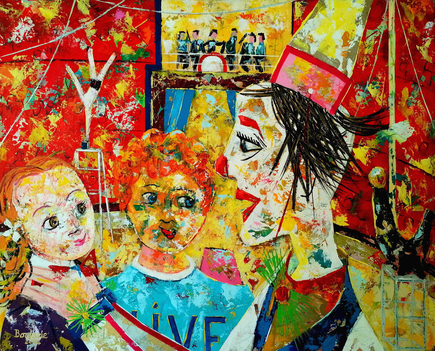 Le clown et les enfants Jean-Pierre Borderie Original painting for sale