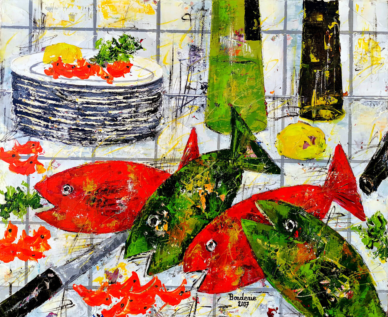 Les quatres poissons Jean-Pierre Borderie Original painting for sale