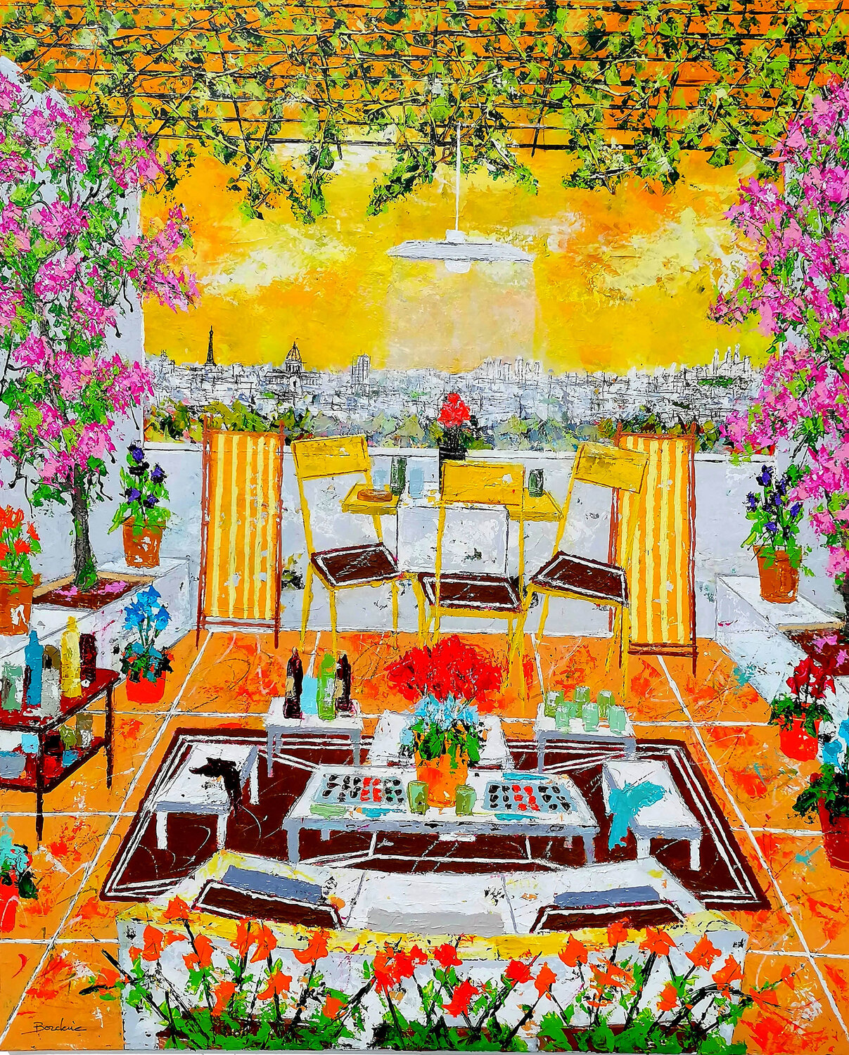 La terrasse sur Paris au ciel jaune Jean-Pierre Borderie Original painting for sale