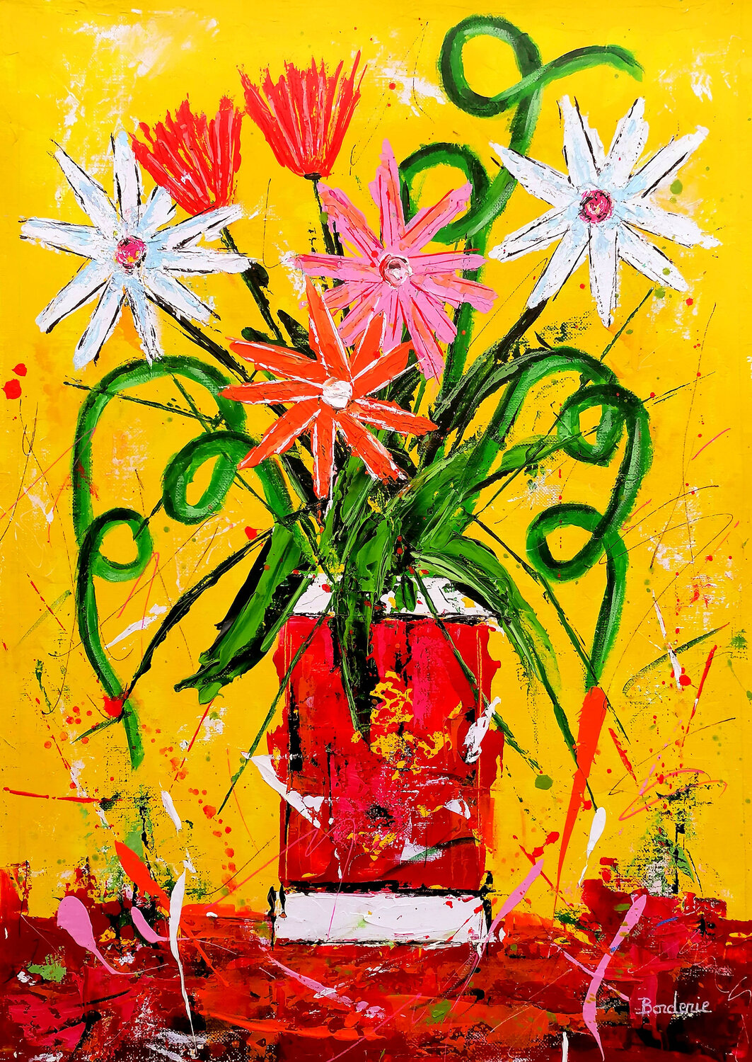 Bouquet au vase rouge fond jaune Jean-Pierre Borderie Original painting for sale