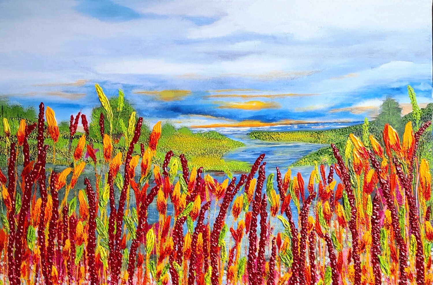 Flowers in front of the lake.... Ans Duin Original painting for sale