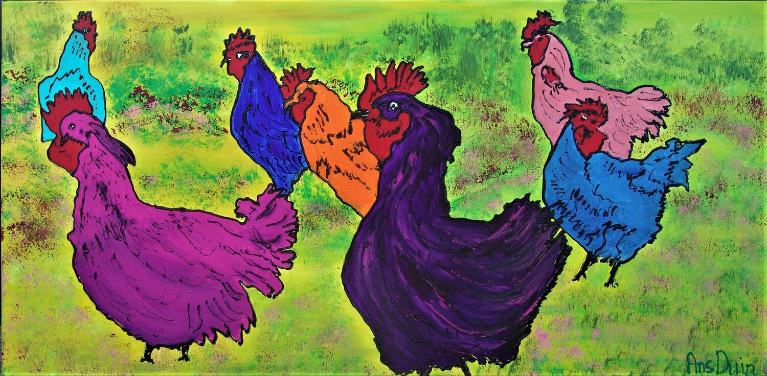 Party chickens! Sale! Ans Duin Original painting for sale