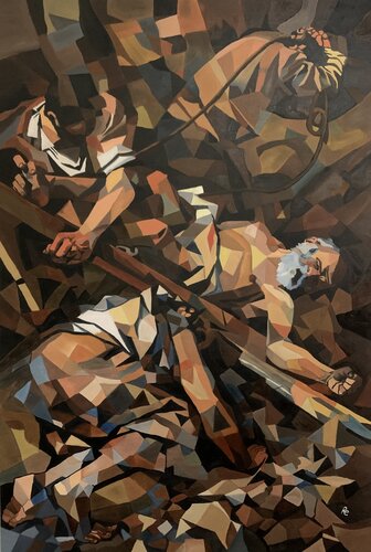 CROCIFISSIONE DI SAN PIETRO (CARAVAGGIO) in chiave cubista by Roberto Re, Painting for Sale on Select